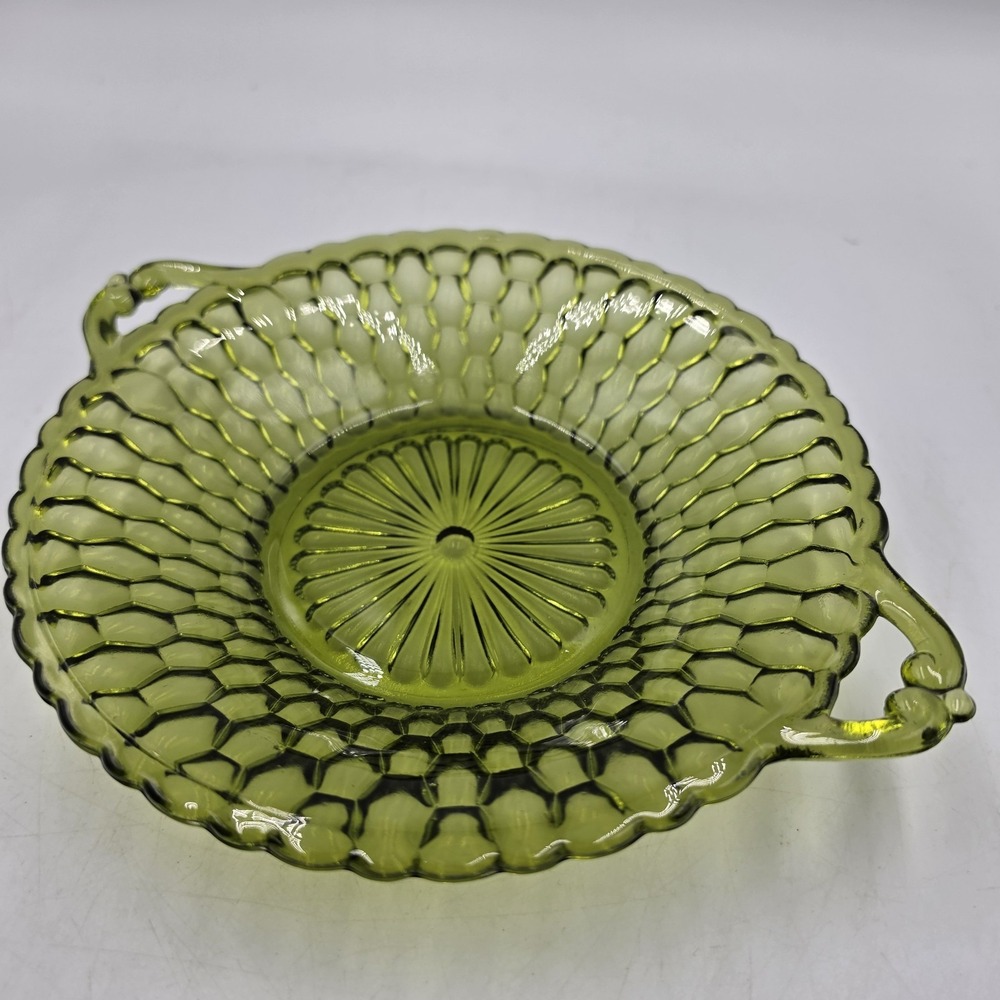Vintage Relish Dish Indiana Pressed Glass Avocado Green Honeycomb Handled 7.5"
